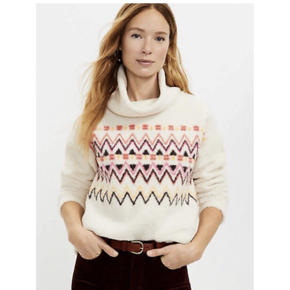 LOFT Fair Isle Mock Neck Sherpa S Top Pullover Turtleneck Sweater Teddy‎ NWT